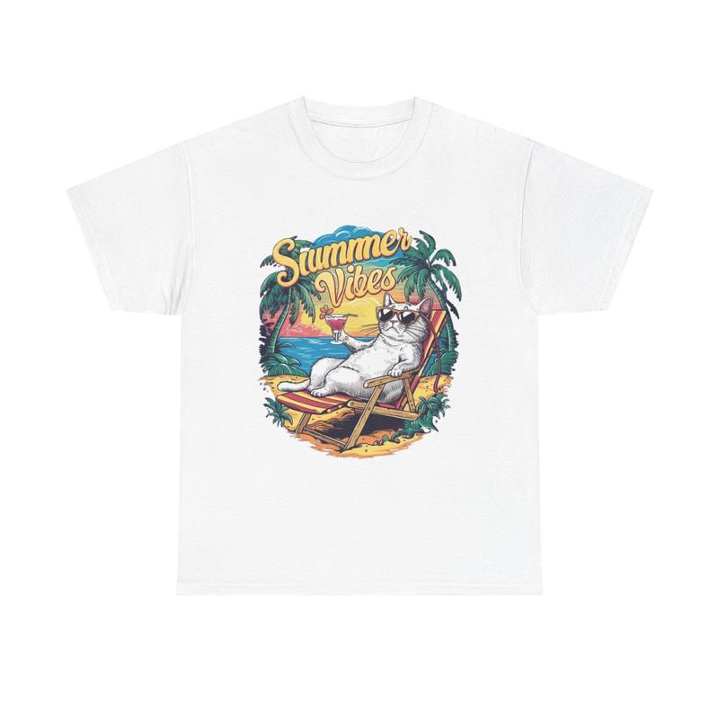 Summer Vibes Graphic Unisex T-Shirt Funny Cat Drinking Unisex Heavy Cotton Tee L