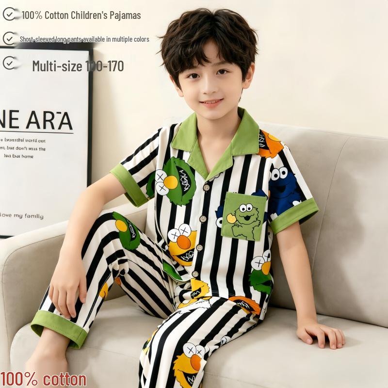 Children's Cartoon Cotton Pajama Set - Short Sleeve, Long Pants for Boys & Girls