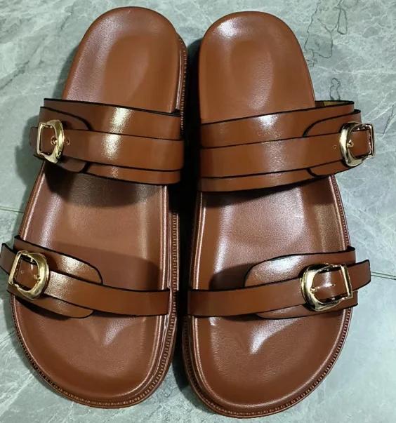 Fashion Woman Black Flat Slingback Shoes Female Summer Straps Round Toe Shoes 2025 Women's Sandals Metal Buckle Flat Sandals