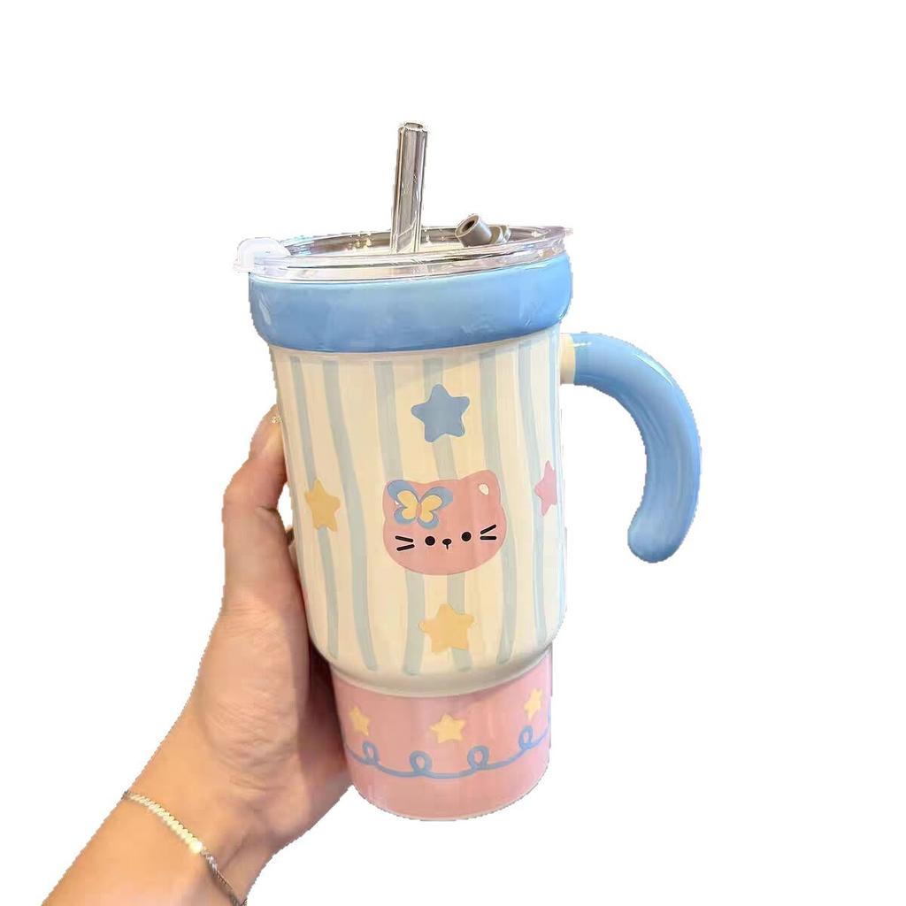 High-Value Straw Cup With Lid Ceramic Mug Large-Capacity Water Cup Girls Home Birthday Gift Souvenir