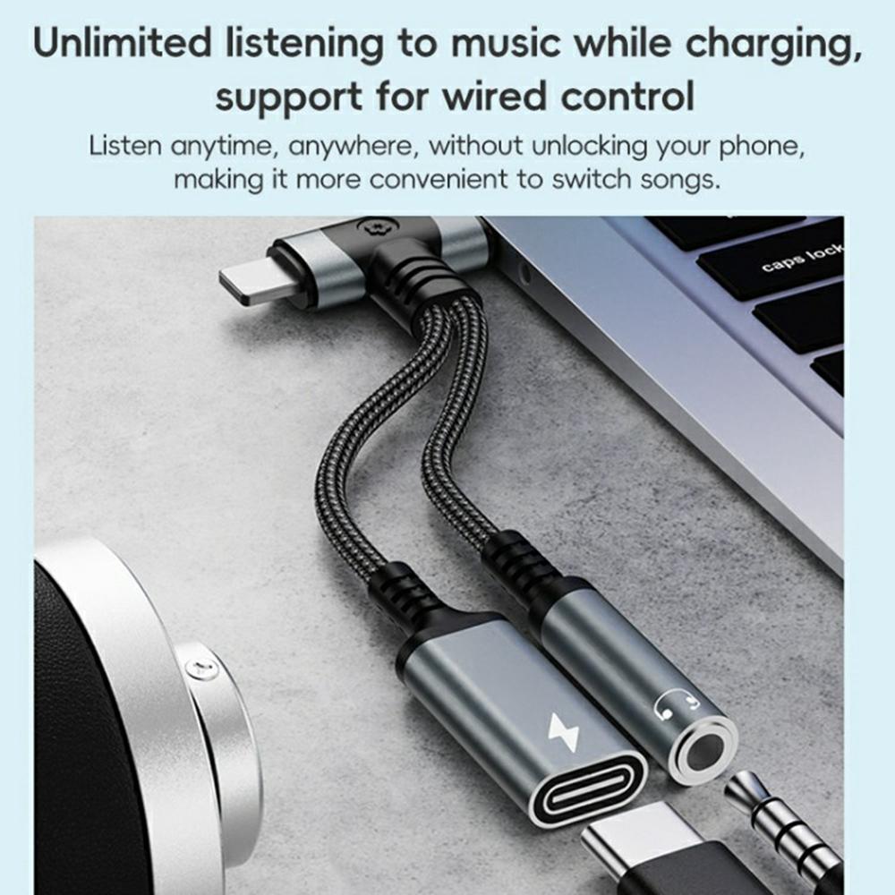 8 Pin/Type-C To Type-C+3.5mm Audio Converter Nylon Braided Cable Support 10W Fast Charging