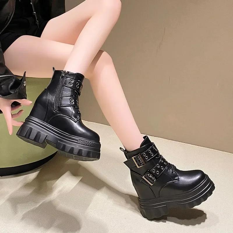 Fashion 11CM Women's High Platform Motorcycles Boots Winter Wedge Heels Ankle Boots Chunky Sneakers New Autumn Leather Punk Shoes Woman