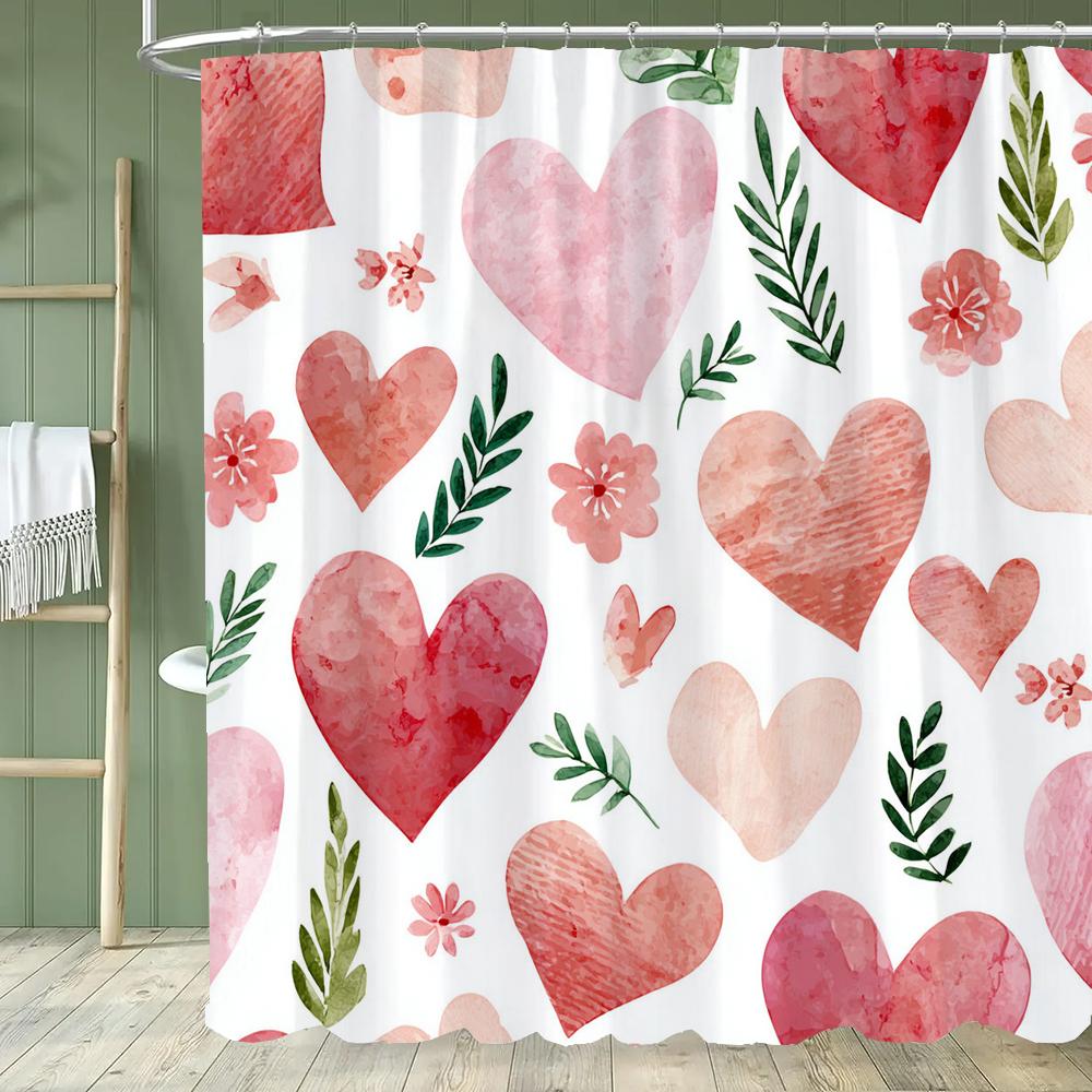 Modern Red Love Pattern Shower Curtain,Lover Printed Polyester Fabric Decorative Bathroom Curtain, Home Curtain with Hooks