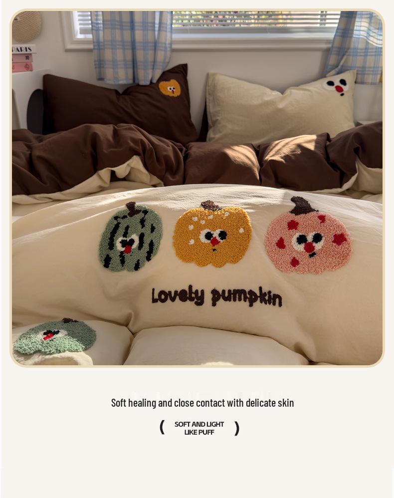 Cartoon Embroidered Cotton Terry Bedding Set - Skin-Friendly, Washable, 4-Piece Set with Bed Sheet and Duvet Cover (Student Size)