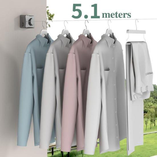 5.1M Wall Mount Retractable Clothesline Adjustable Retracting Invisible Heavy Duty Stainless Steel Wire Indoor Outdoor Balcony Laundry Clothes Drying