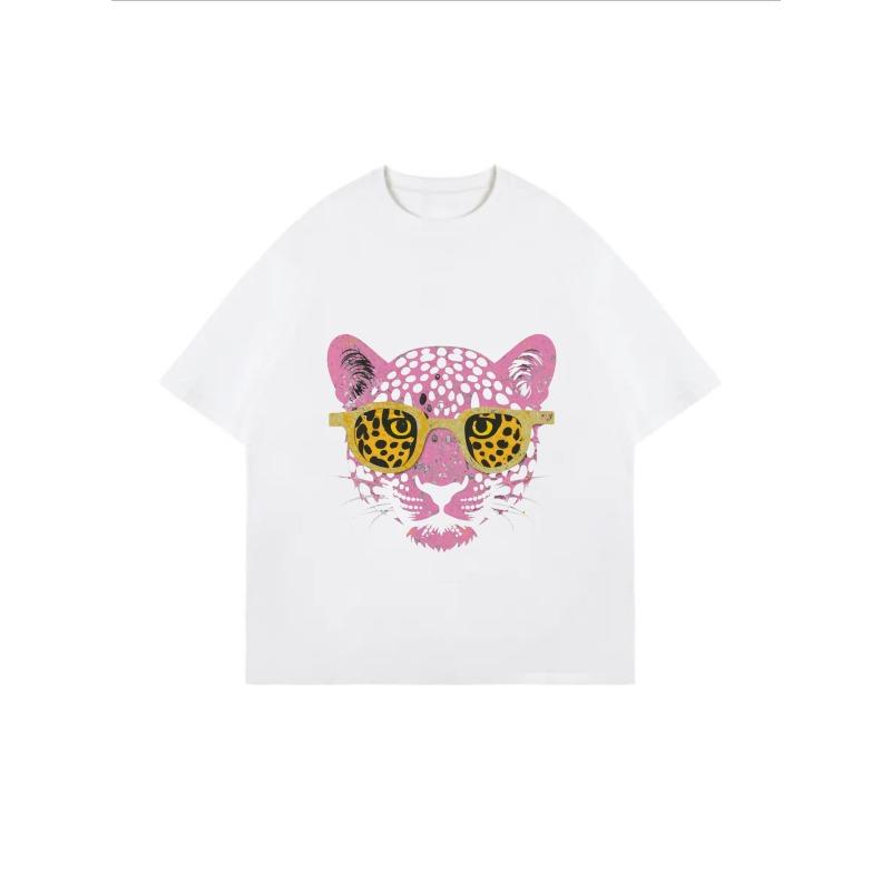 Vintage Oversized T-Shirt with Pink Leopard Head & Leopard-Print Sunglasses Print – Edgy Color-Block Graphic Top