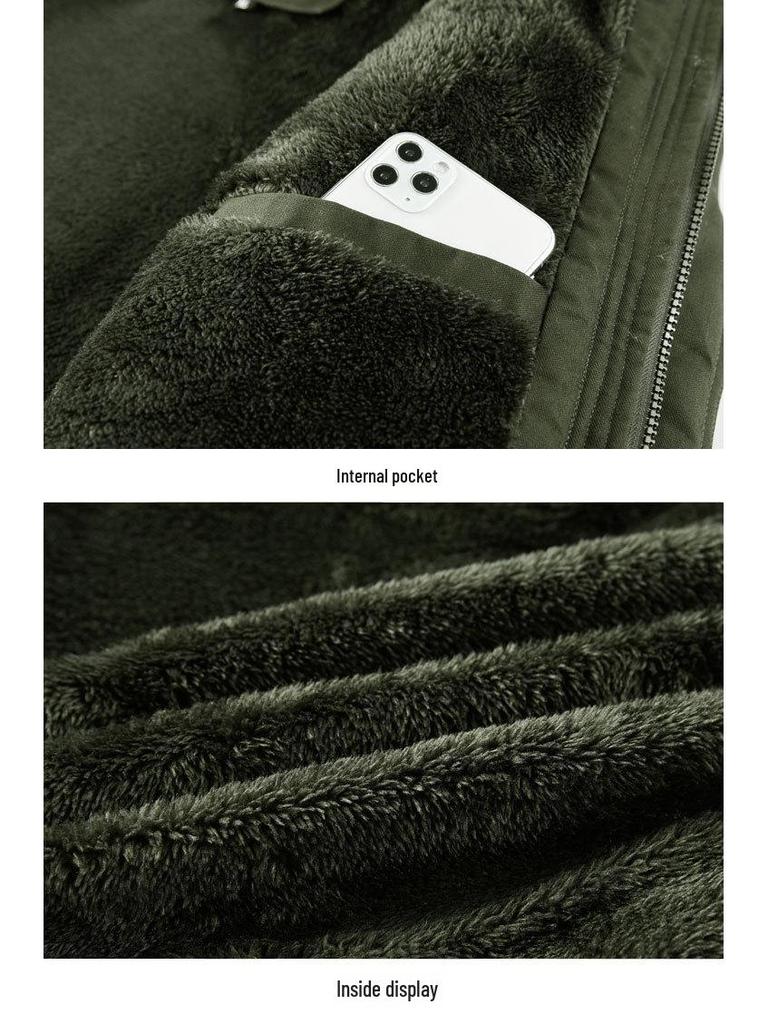 Men's Hooded Military-Style Washed Cotton Jacket with Velvet Lining