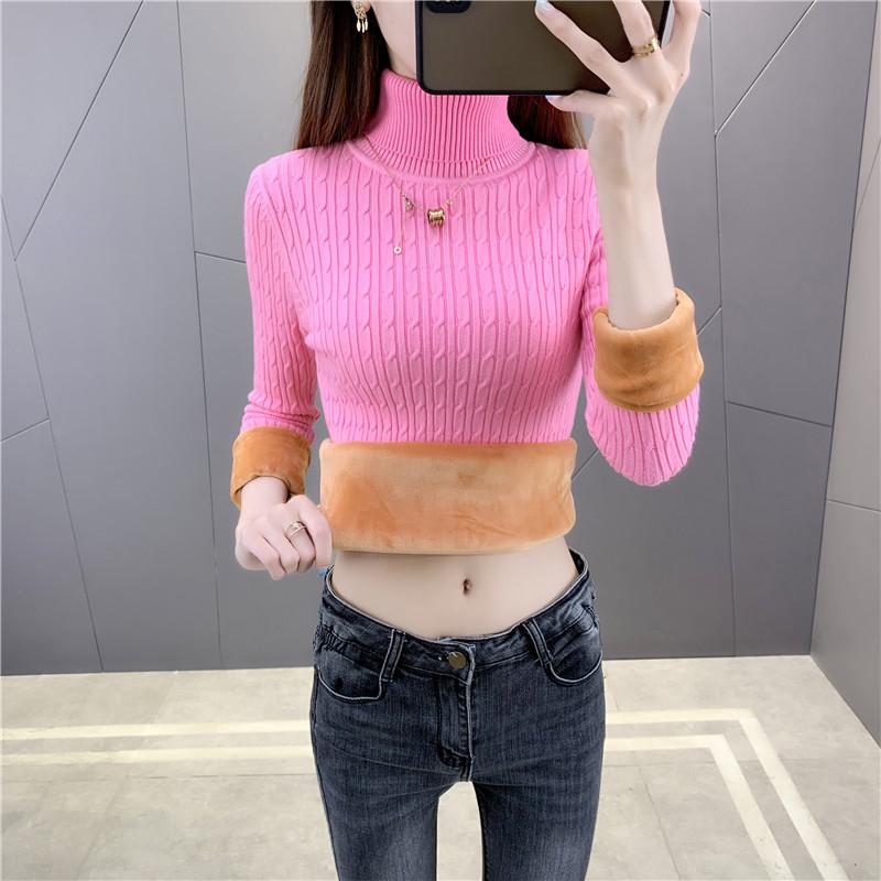 

Женский осенне-зимний свитер с длинными рукавами и высоким воротом, с добавлением флиса, утолщенный теплый вязаный свитер с внутренним отворотом S розовый