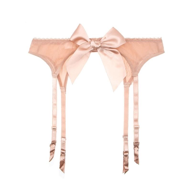 Women Sexy Mesh High Waist Garter Belt with 4 Adjustable Clip Cute Bowknot Corsets Suspender Belt for Stockings Lingerie