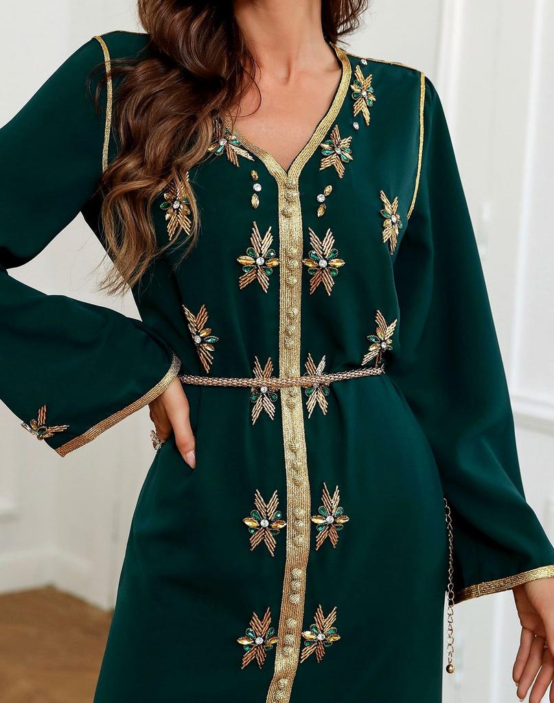 Vestido muçulmano de luxo, cor sólida, indústria pesada, strass, dubai, ramadã, manga comprida, abaya