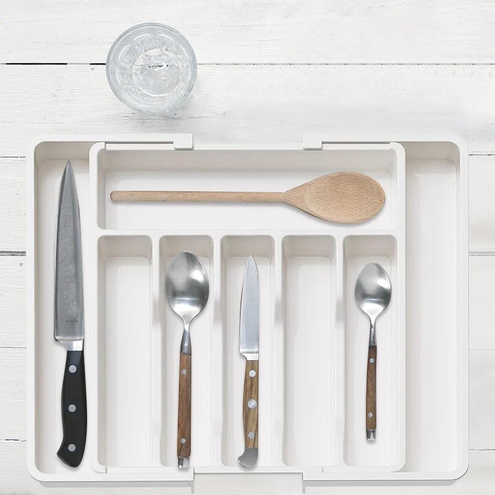 Adjustable Flatware Tableware Organizer with Dividers Utensil Holder Plastic Storage Tray for Spoons Forks Knives