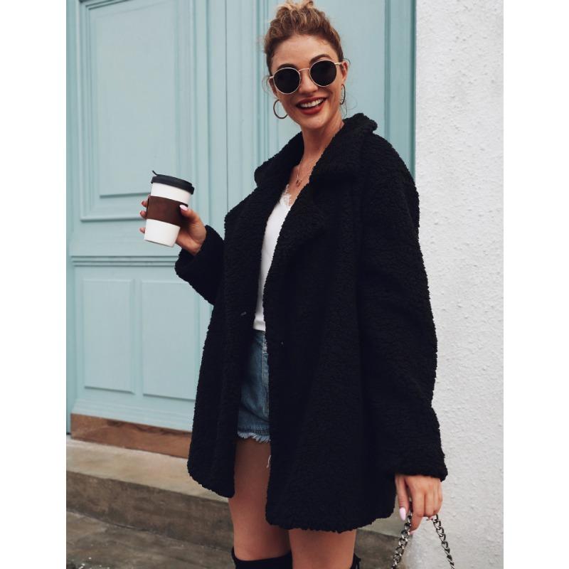 Women's Brown Teddy Coat Lapel Collar Mid-Length Warm Winter Jacket