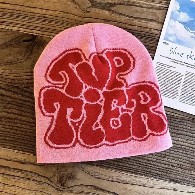 Casual Hip Hop Style Cap Bold Black Lettering with Red Heart Graphic Custom Logo Elastic Knitted Unisex Jacquard Beanie