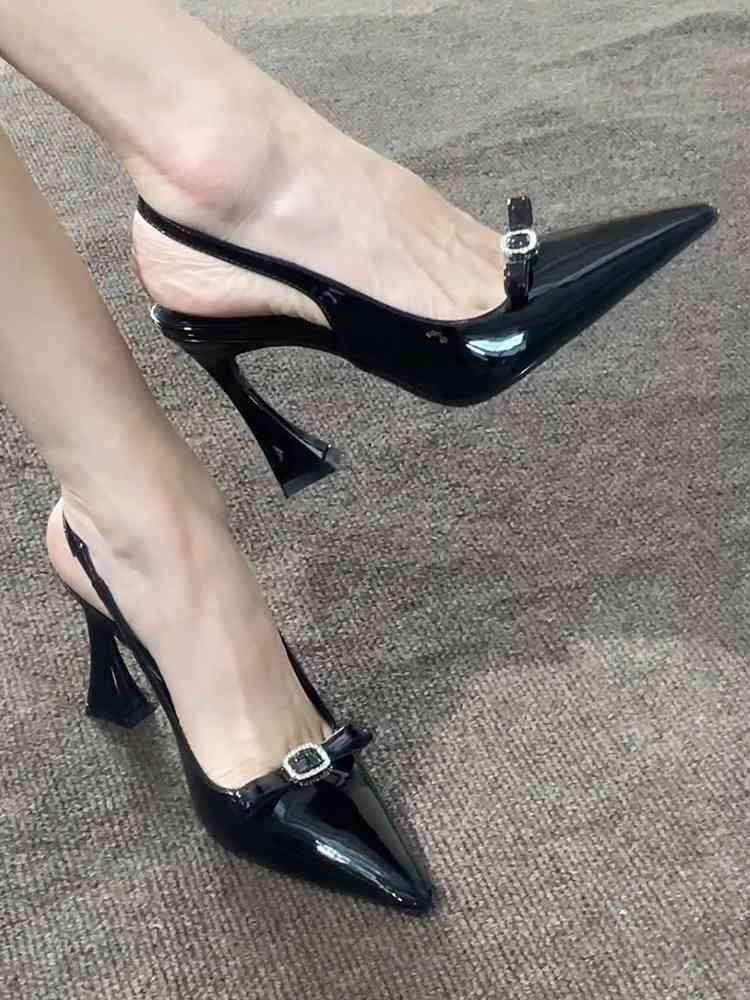 2025 Summer New Purple Satin Horseshoe Heel Bow Sandals Women's Pointed Rhinestone Buckle Sexy High Heels