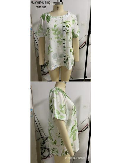 Women's Summer Retro Print Loose Cotton-Linen Short Sleeve Casual T-Shirt