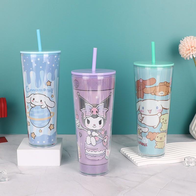 700ml Double Wall Plastic Tumbler With Straw Cartoon Design Adults - Yellow Green Pink Clear Purple Blue