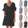 Women's Casual Short Sleeve Down Dress Summer Ruffle Pocket Elastic Waist A-Line Swing  Dresses