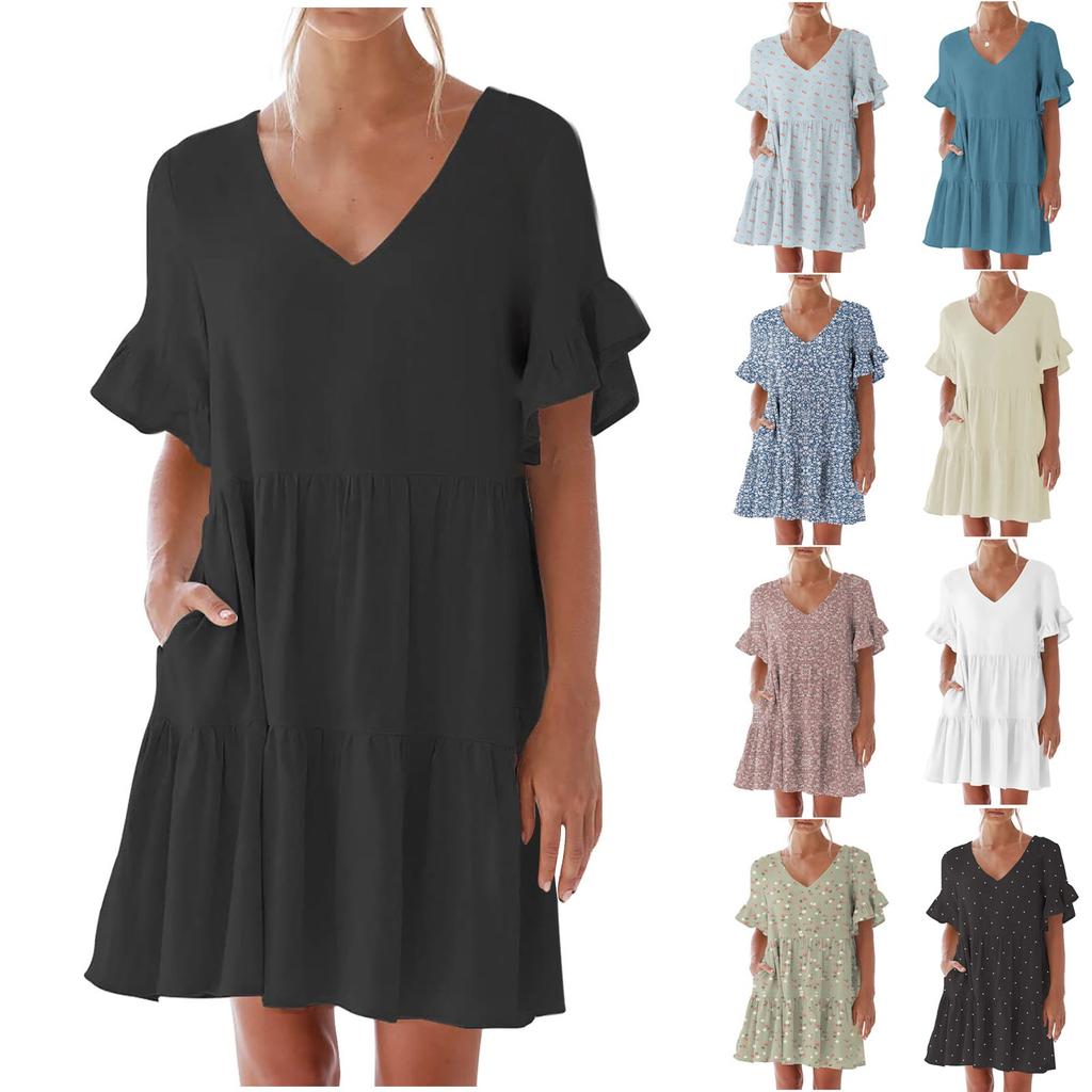 Women's Casual Short Sleeve Down Dress Summer Ruffle Pocket Elastic Waist A-Line Swing Dresses