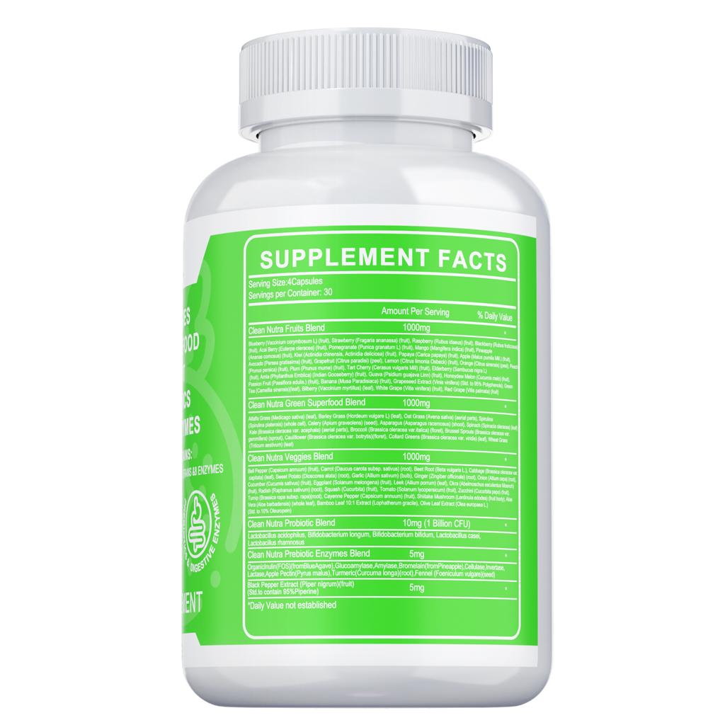 Natural fruit and vegetable blend capsules; supports gut health, aids digestion, boosts immunity; suitable for adults.