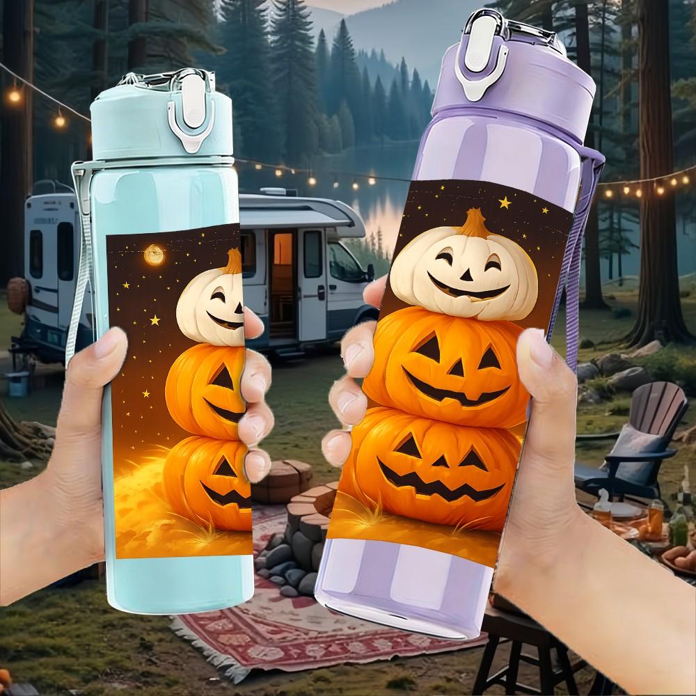 1PC Pumpkin Ghost Halloween Print 750ml Color Plastic Sports Water Bottle Leakproof Flip Straw Lid Suitable for Sports Office Home Use