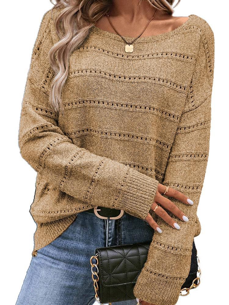 Autumn/Winter 2025 Women's Solid Color Hollow Out Drop Shoulder Sweater - Casual Loose Pullover Knitwear