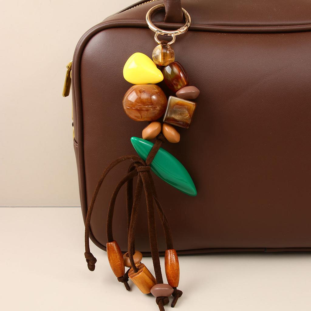 Creative Retro Casual Versatile Handmade Beaded Bag Pendant Bohemian Wood Bead Resin Bead Fringed Braided Rope Pendant