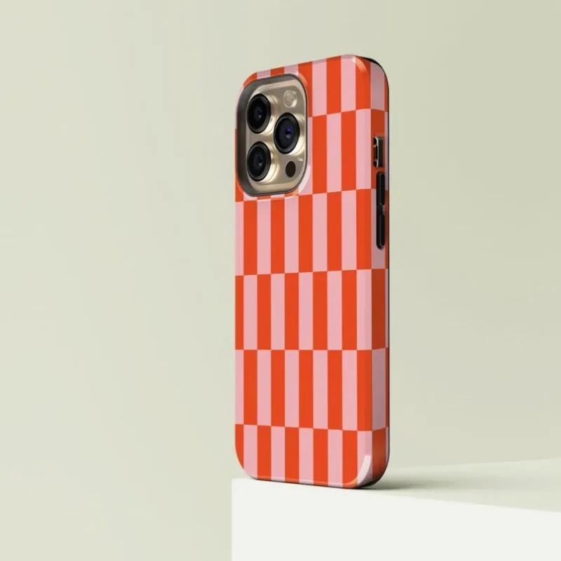 Clmj Checkered Orange Pink Phone Case for iPhone 16 15 14 13 12 11 Pro Max Plus Magnetic Double-layer Back Cover