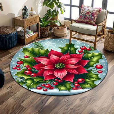 Christmas Poinsettia with Holly Leaves Print Round Rug, Living Room, Bedroom, Playroom Carpet, Non Slip Floor Mat, Gift
