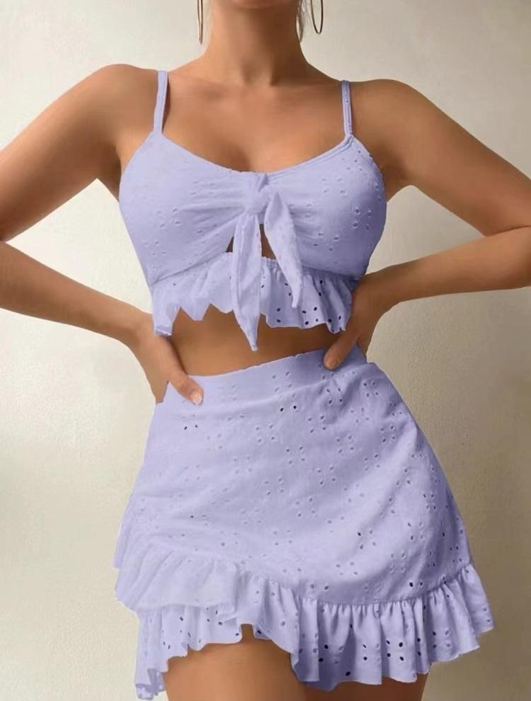 Maillot de bain trois pièces pour femme Couleur unie Volant Lacets Taille haute Bikini sexy Maillot de bain deux pièces Vêtements de plage