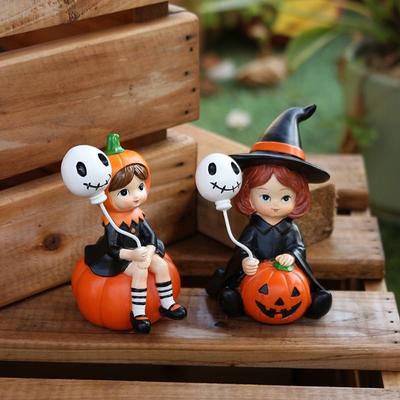 2pcs Crafts Witch Doll Halloween Statues Resin Funny Pumpkin Girl Figurines Cartoon Cute Halloween Party Ornaments Outdoor