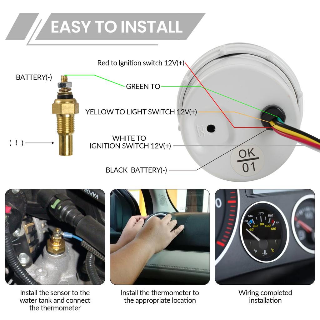 2" 52mm Water Temperature Gauge 100-280℉ Water Temp Meter LED Backlight With 1/8" NPT Sensor For Car Boat Marine Truck Universal