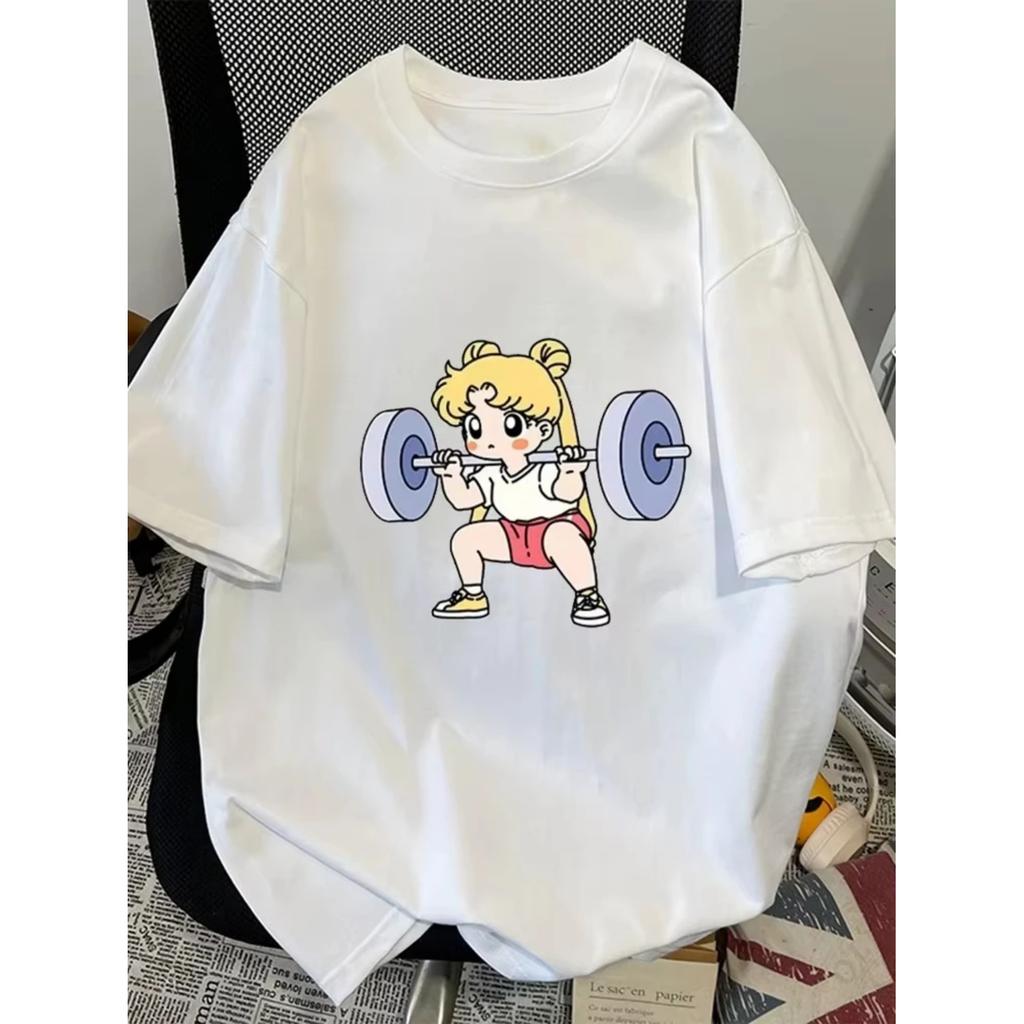 Sailor Moon Lifting Iron Fitness Women's T-Shirt Cotton Girl Children Parent-Child Summer Loose Cute Sweet Fun Short Sleeves Top