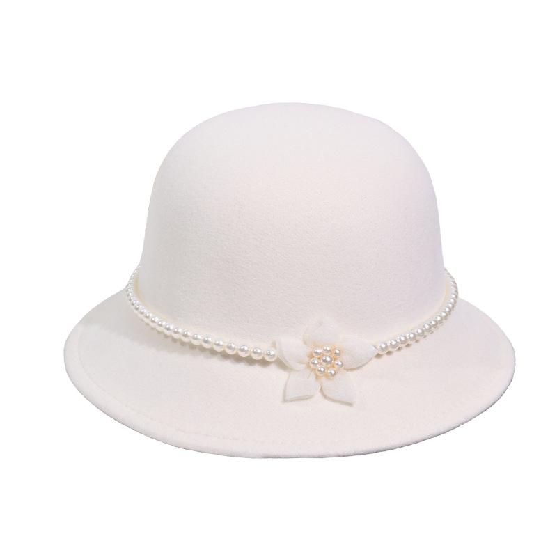 Premium celebrity style dome woolen top hat pearl flower big eaves hat children