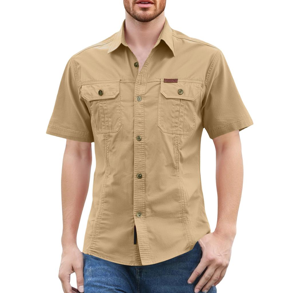 Men'S Shirt With Double Pockets Casual Short Sleeved Top Fashionable Cardigan