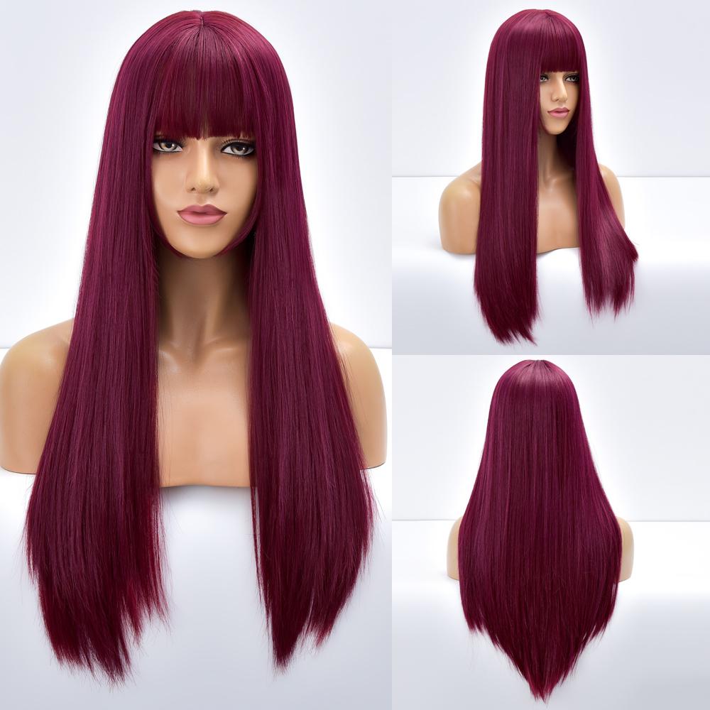Natural Black Straight Synthetic Wigs For Women with Bangs 28Inch Daily Party Cosplay Wigs Heat Resistant Natural Hair Wig