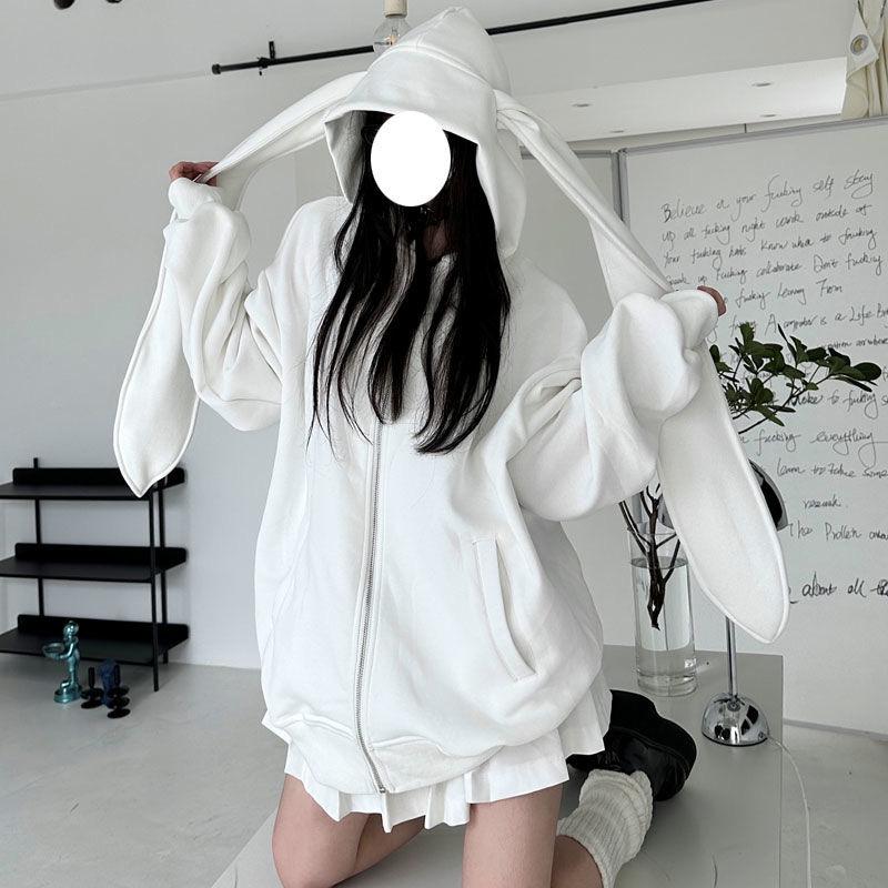 Huamian Women's Oversized Hooded Sweatshirt with Cute Rabbit Ears, Spring/Autumn Style, Loose Cardigan Design