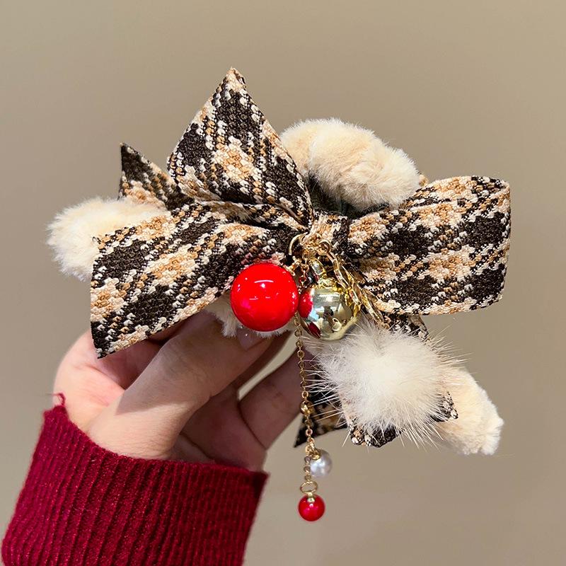 Autumn/Winter Large Pearl Tassel Bow Hair Clip with Plush Shark Design