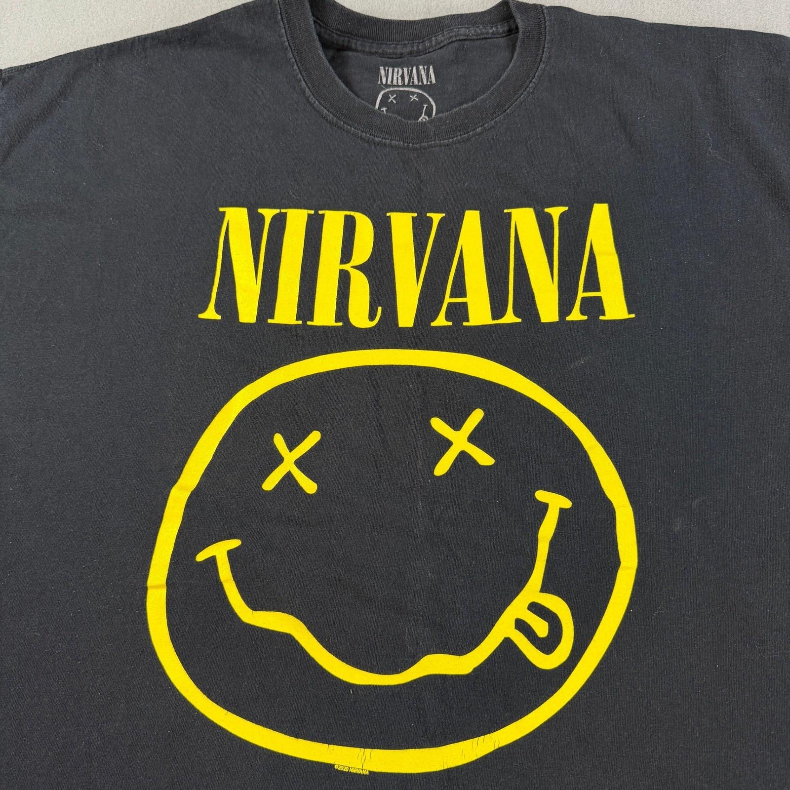 Nirvana Smiley Face Graphic T-Shirt Black Yellow Logo Mens 2XL Cotton Tee Unisex T-Shirt L
