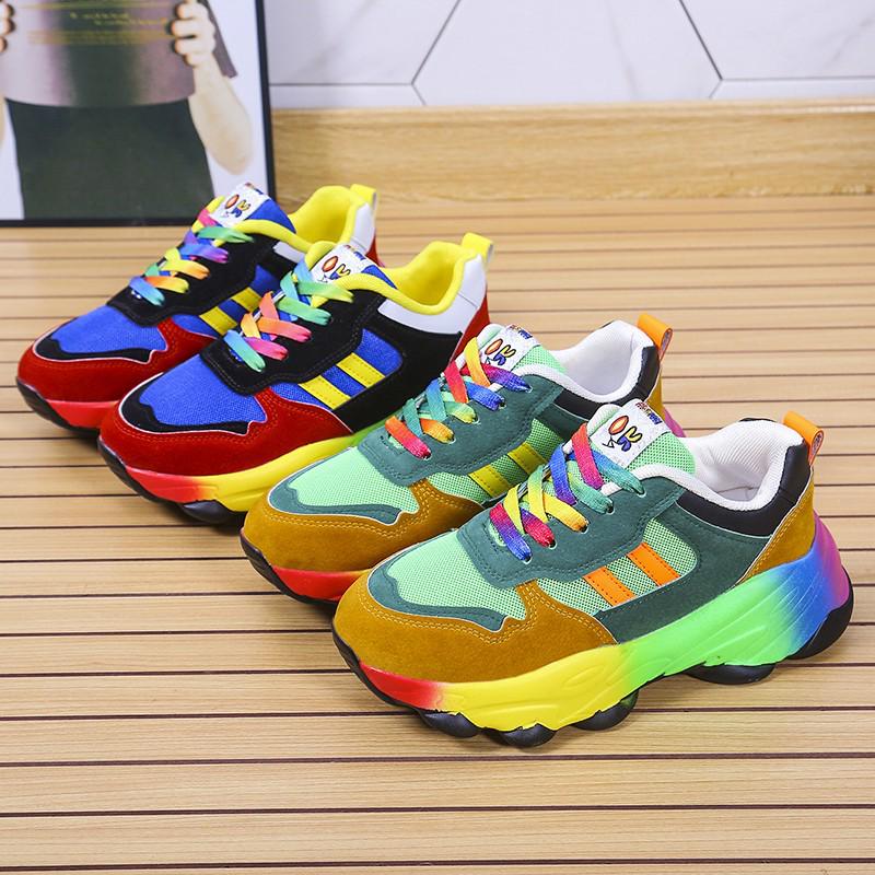Large Size Women's Lace-Up Breathable Casual Shoes with Rainbow Sole