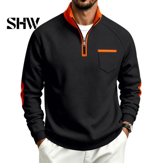 Solid Color Zip Up Tops Men Quarter Zipper Pullover Tops, Mock Neck Long Sleeve Sweatshirt, Contrast Winter Warm Casual Sport with Chest Pocket, Fall