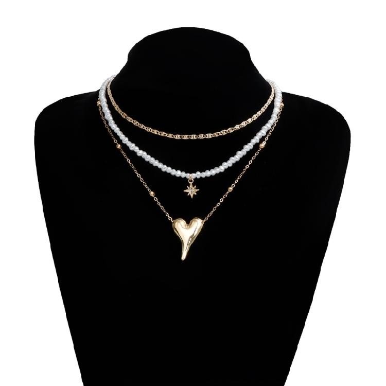 Artistic Irregular Heart Star Imitation Pearls Alloy Necklace Multi Layer Neckchain For Unique Fashion Accessories