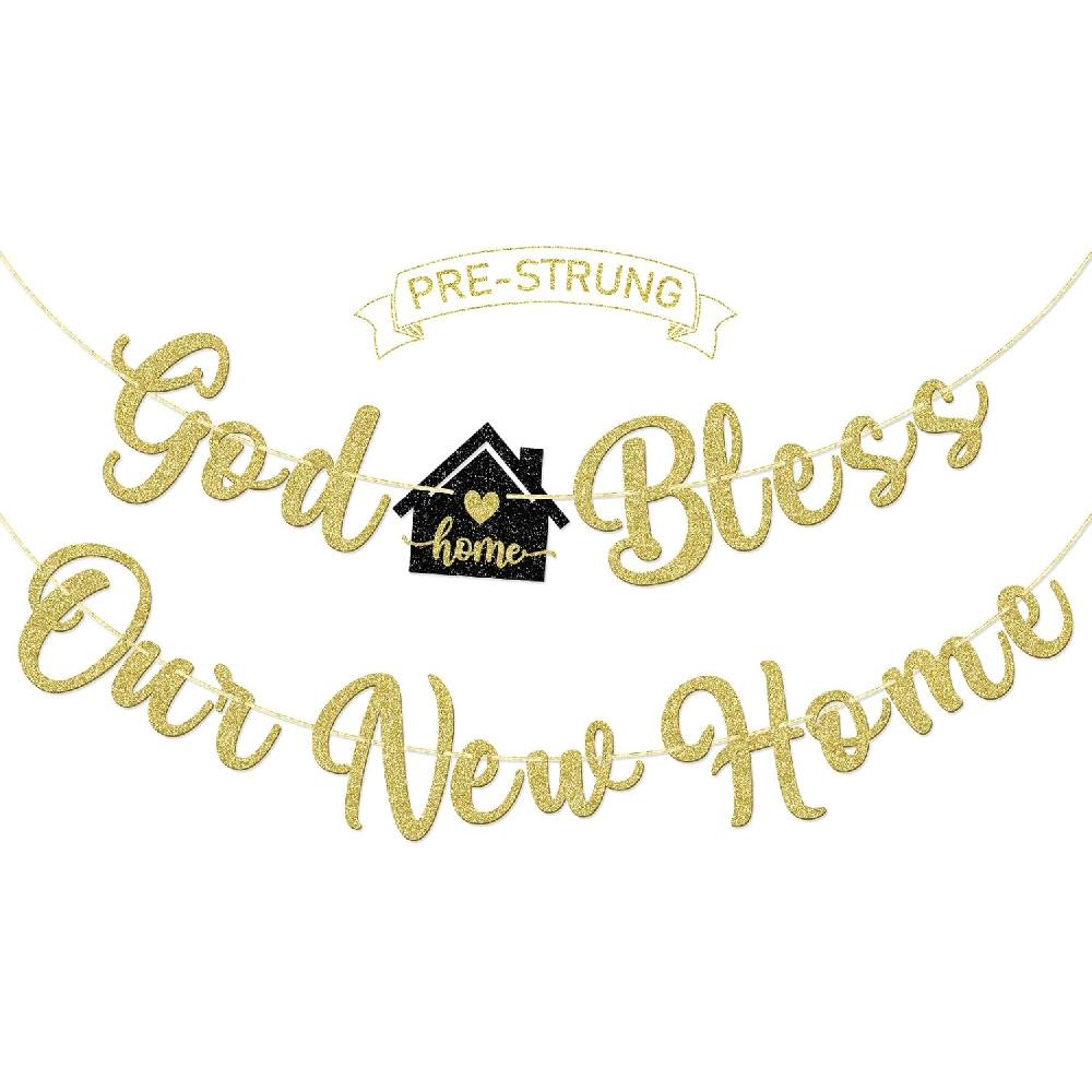 God Bless Our New Home Banner, Home Sweet Home Banner, Pre-strung Housewarming Party Banner, Gold Glitter