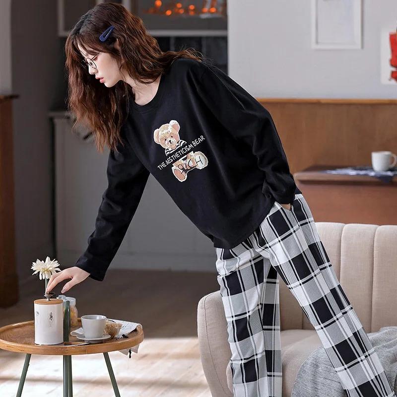 

Комплект з двох предметів Жіноча Весна Літо та Осінь Нова Піжама з високоякісної бавовни Піжамні штани Великий розмір Простий Зручний Домашній одяг 3XL чорний