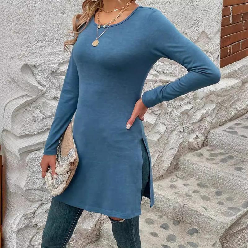 

Tooxika Новый стиль Топы с длинными рукавами Slim Fit Однотонная длинная футболка с разрезом XXL темно-синий