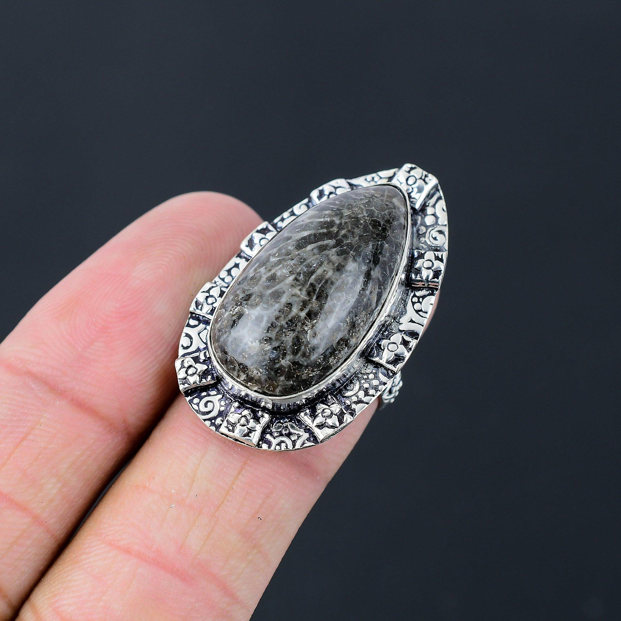 Memorial Day Sale Stingray Coral Gemstone Statement New Ring Size 6.5 925 Silver 6.5