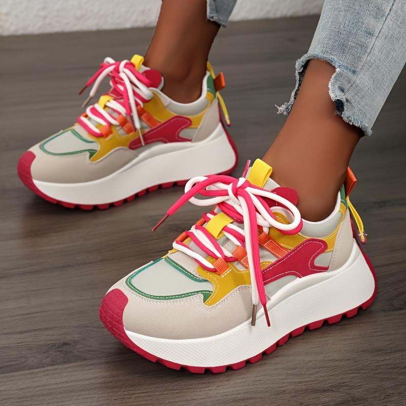 Women's Fashion Sneakers | Colorful Striped Low-Top Lace-Up Casual Shoes with Thick PVC Sole, Synthetic Upper & Comfortable Fabric Lining