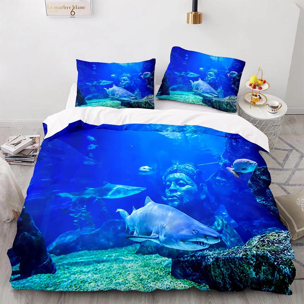 Modré moře Svět Ložní soupravy 3D Tisk Mořská zvířata Delfíni Žraloci A Kreslený Prošívaný přehoz Queen Sada povlaku na přikrývku Dětské Dospělé Ložní prádlo