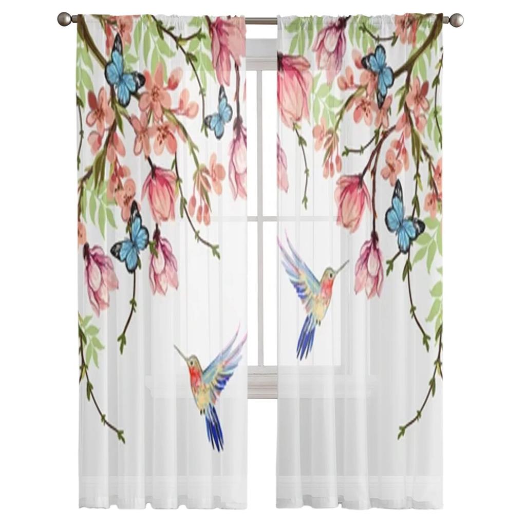 Perdele pentru fereastră transparentă cu flori de magnolie și colibri pentru sufragerie dormitor perdele din tul din voilă draperii din material pentru bucătărie