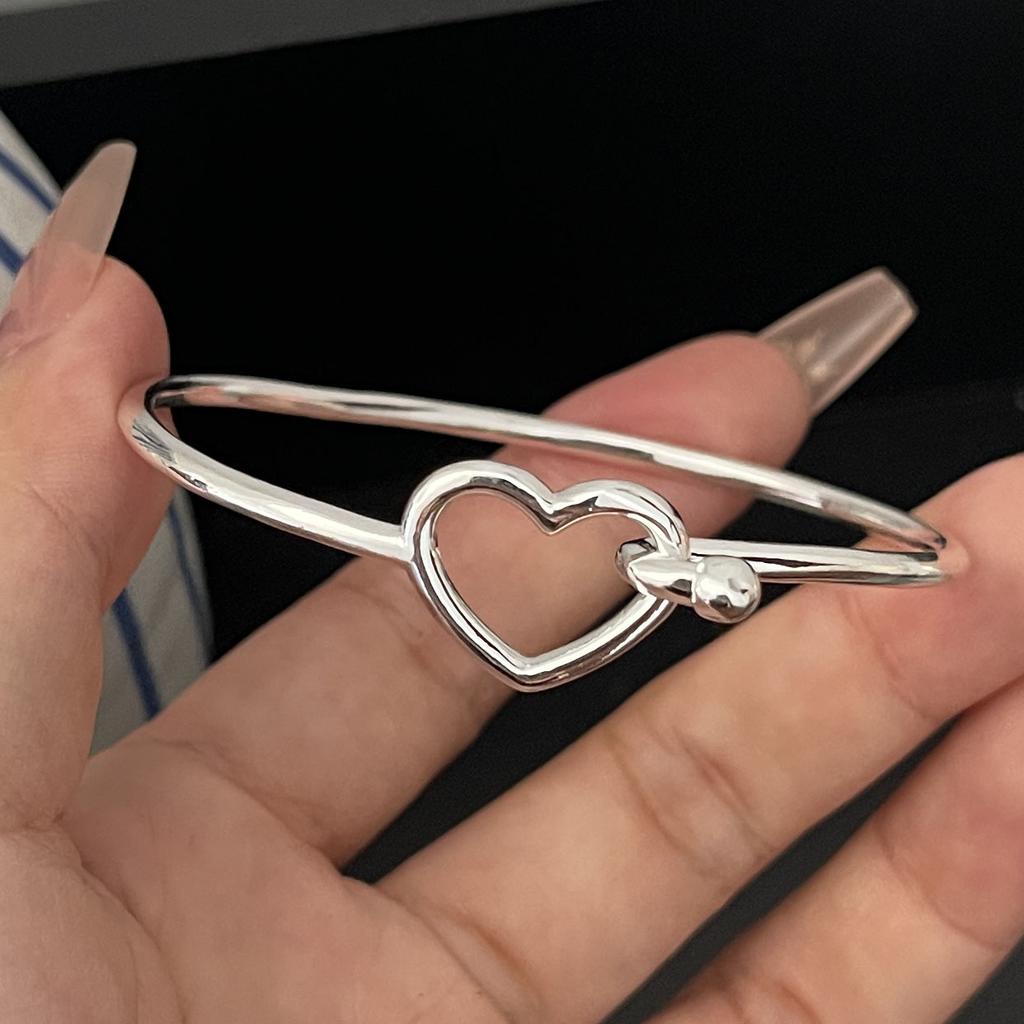 100% Solid 925 Sterling Silver Retro Bracelet for Women Geometric Hollow Heart Handmade Sparkling Simple Bracelet Birthday Gift