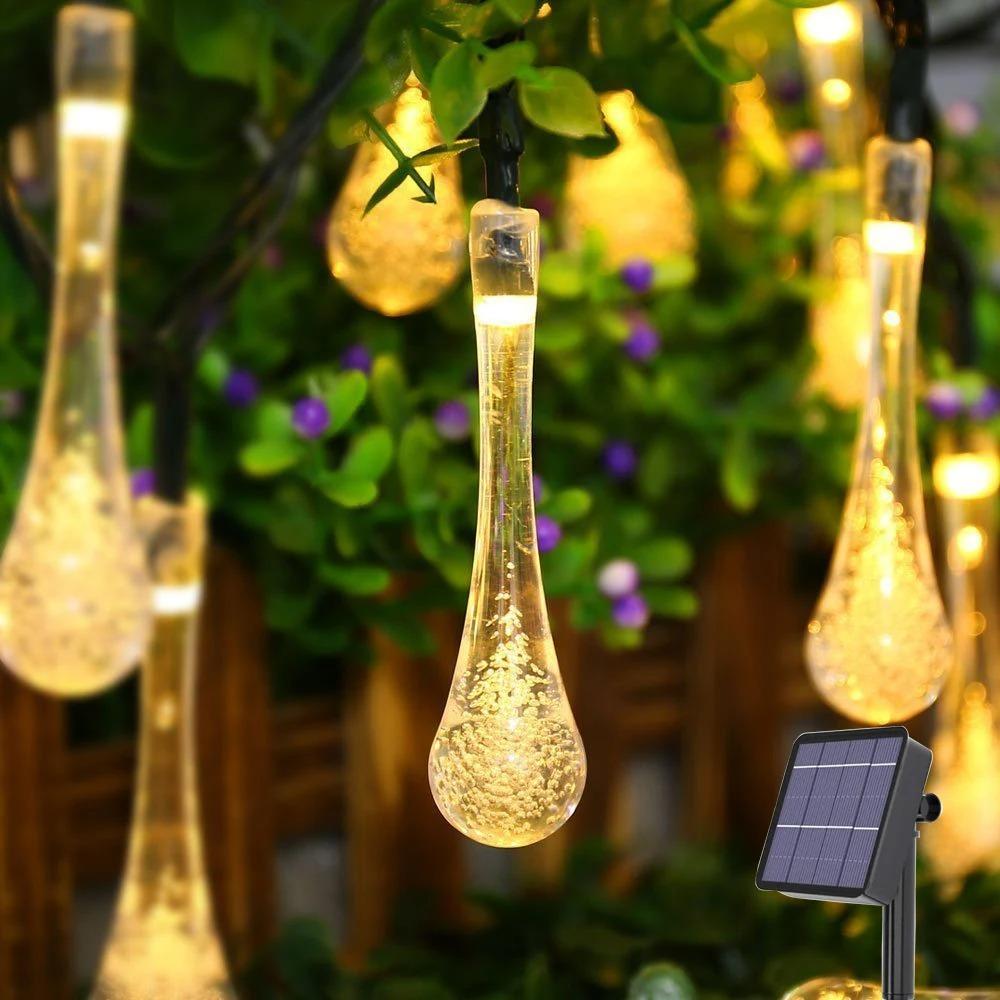 

Світлова гірлянда LED на сонячній енергії Крапля води 8 режимів Декоративне освітлення для патіо, весілля теплим білим кольором